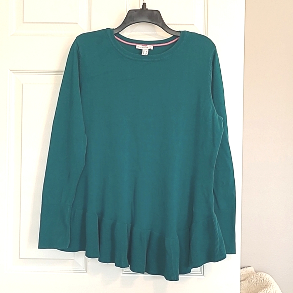 Isaac Mizrahi teal longsleeve Lightweight Knit asymmetrical ruffle hem sz Large